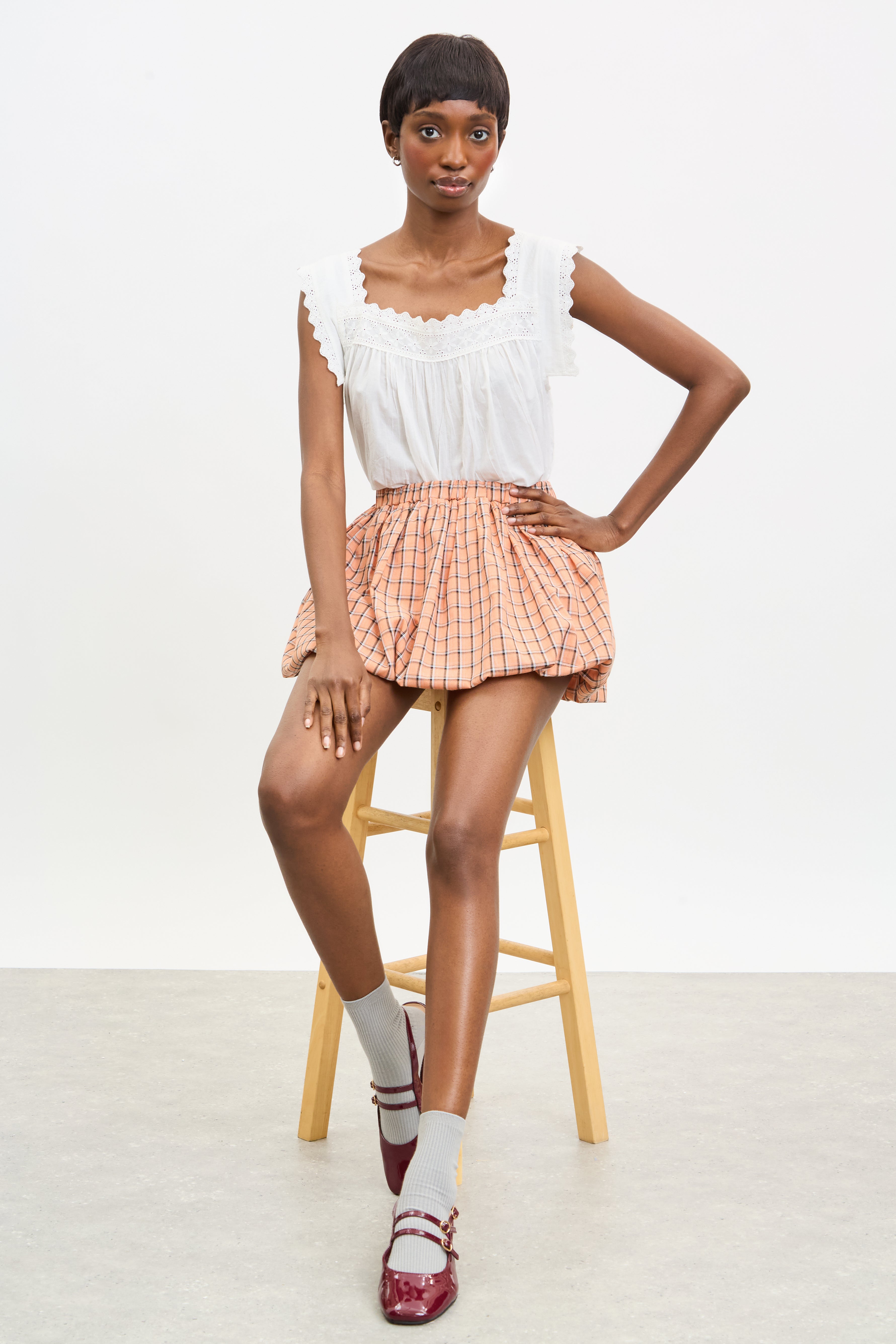 Orange black and ivory large check bubble skirt | Glassworks London