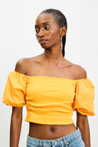 Orange ribbed jersey contrast puff sleeve top_1