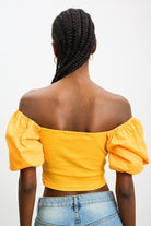 Orange ribbed jersey contrast puff sleeve top_2