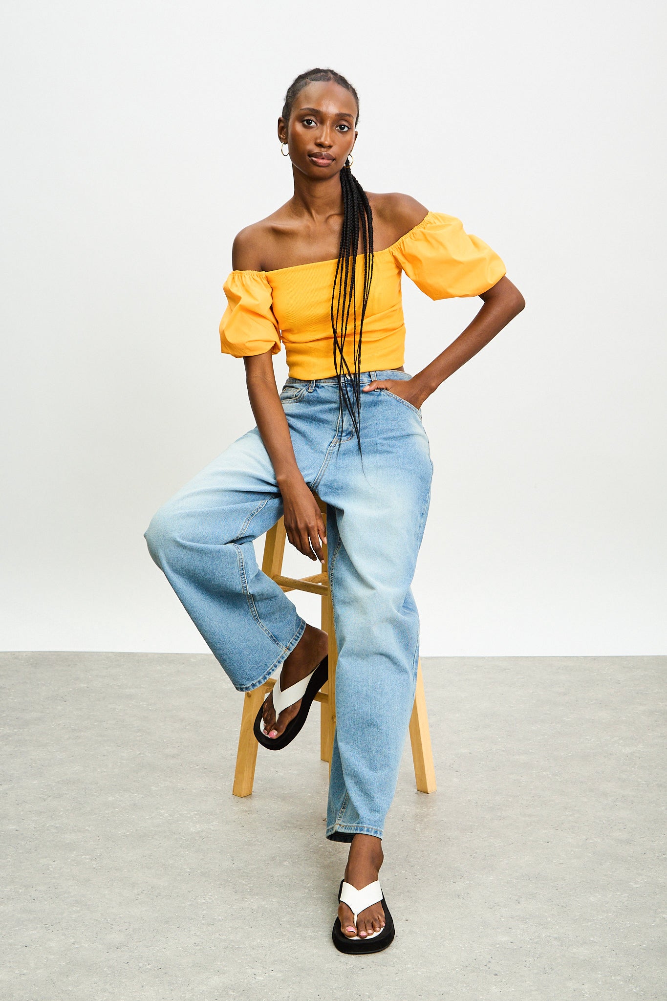 Orange ribbed jersey contrast puff sleeve top_5