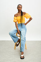 Orange ribbed jersey contrast puff sleeve top_5