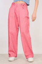 Pink floral adjustable waist double button jeans_1
