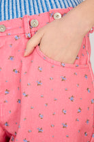 Pink floral adjustable waist double button jeans_3