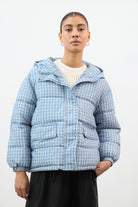 Pale blue and ivory gingham hooded puffer coat_1