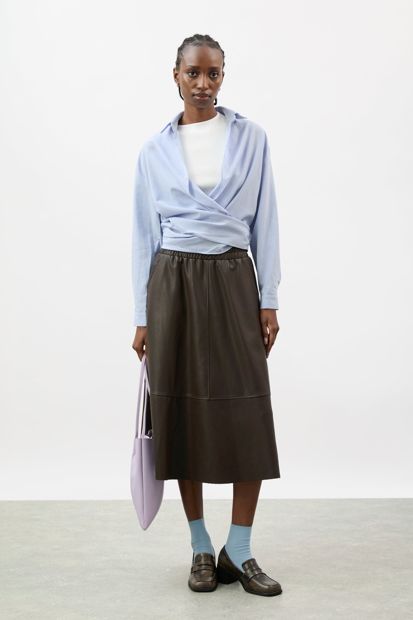 Pale blue linen plunging tie front shirt_5