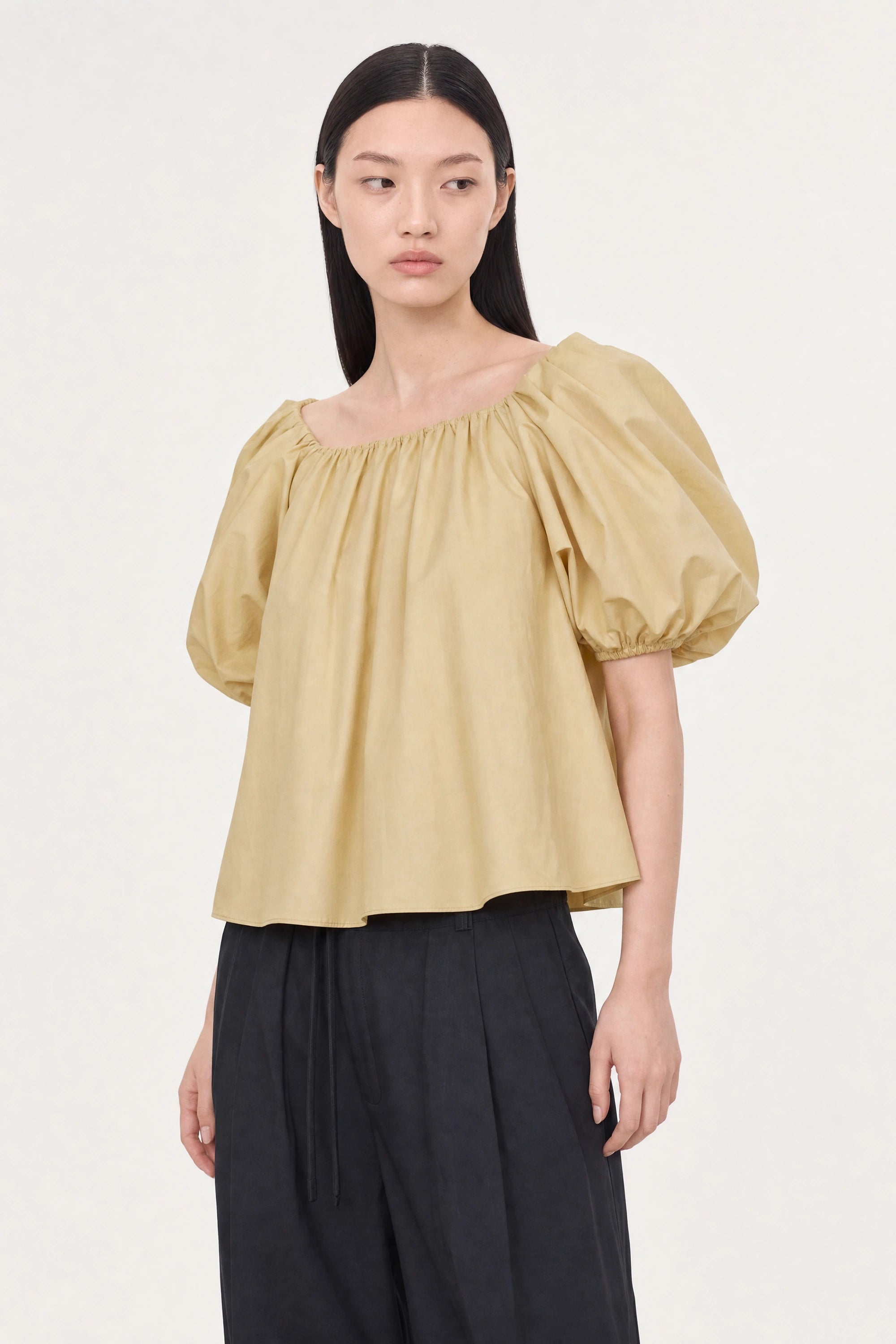 Pale mustard puff sleeve blouse_1