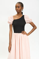 Pale pink and black puff sleeve dress_3