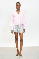 Pale pink contrast trim scalloped giant collar shirt_4