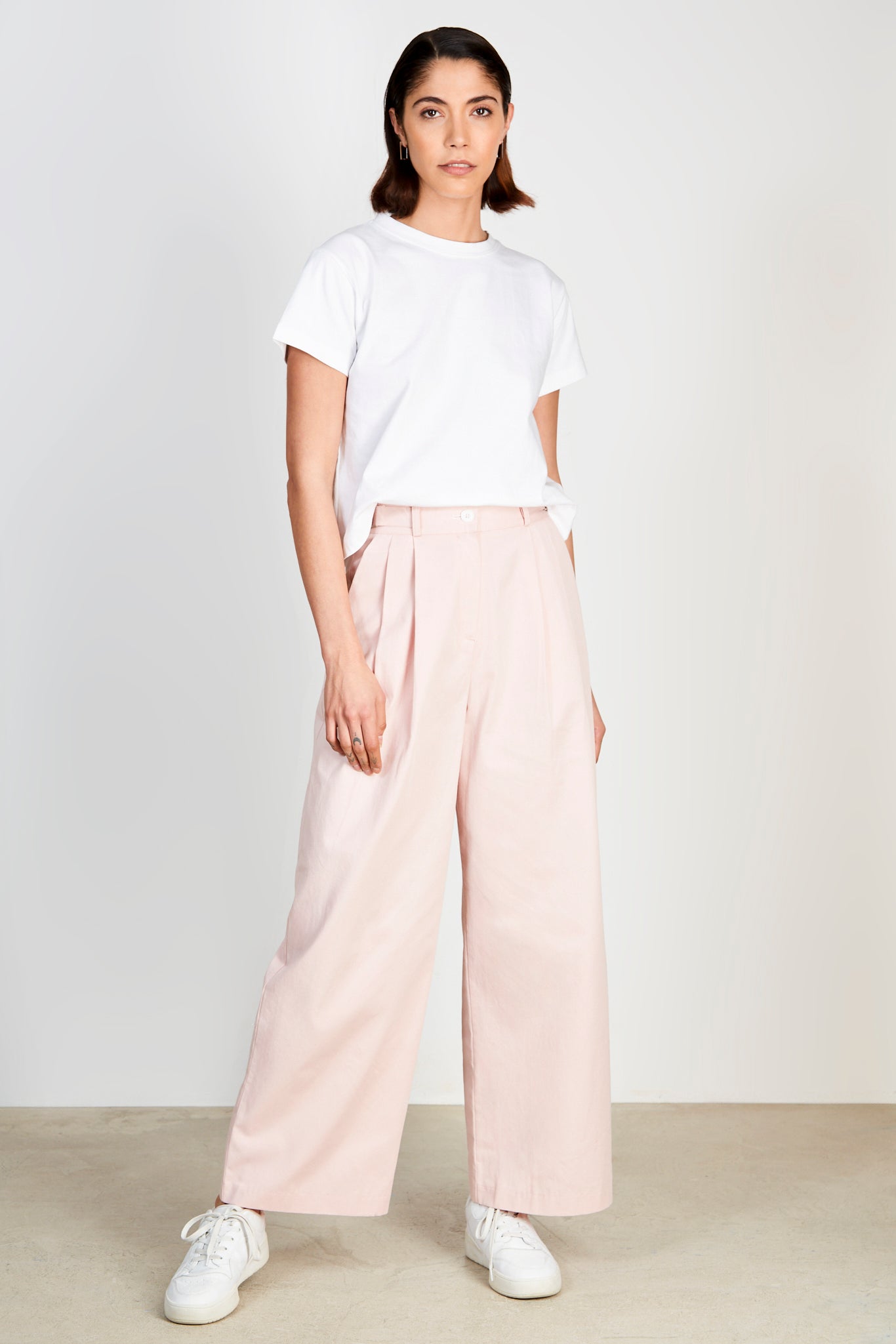 Pale pink cotton twill side cinch trousers