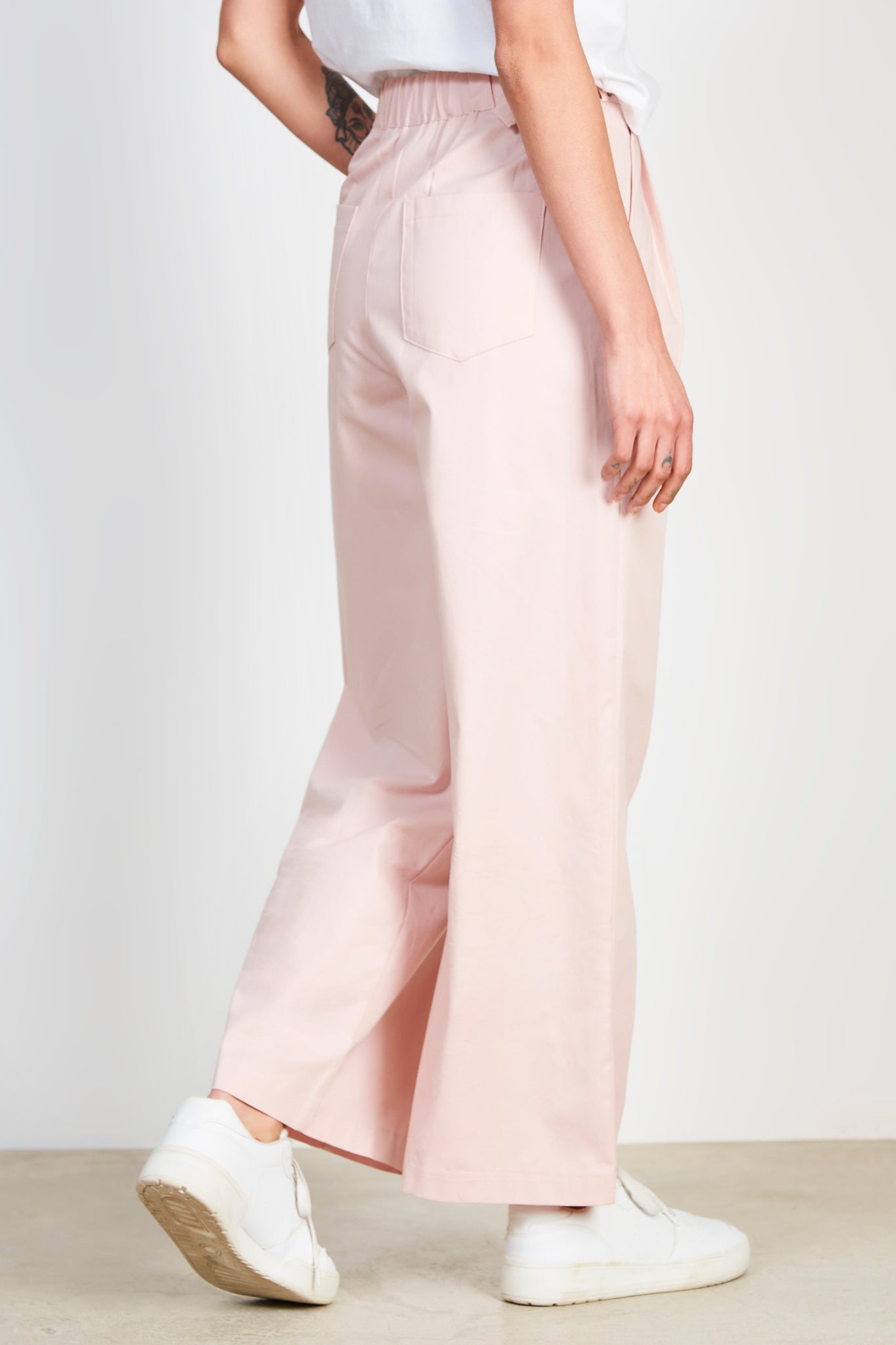 Pale pink cotton twill side cinch trousers