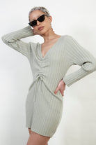 Pale green ribbed pull front knit mini dress_1