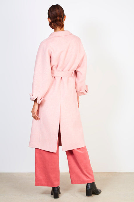 Pale pink wool blend double button belted coat