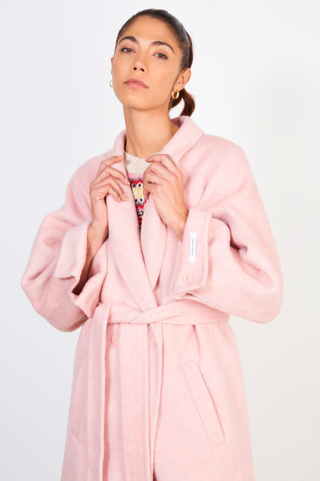 Pale pink wool blend double button belted coat