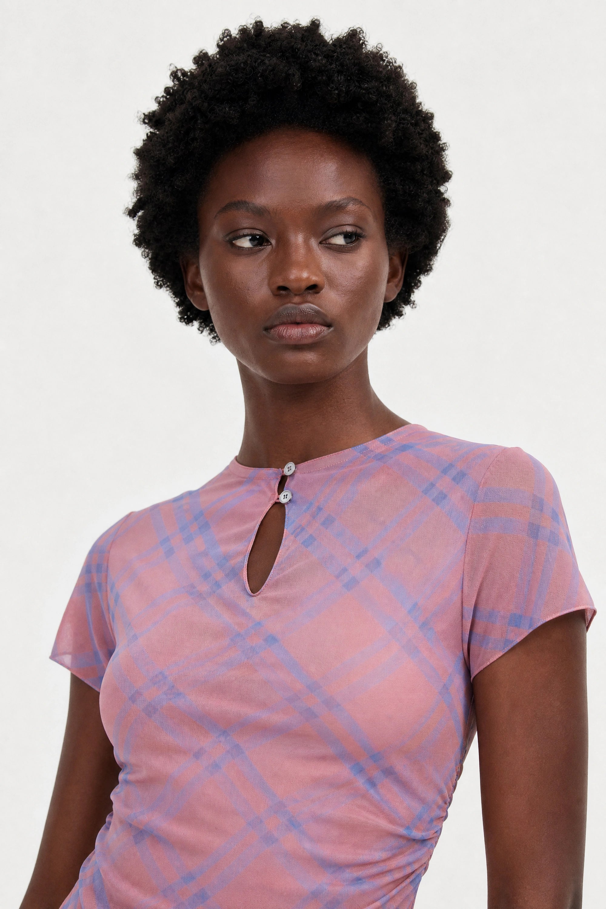 Pink and blue diagonal checked sheer top_3