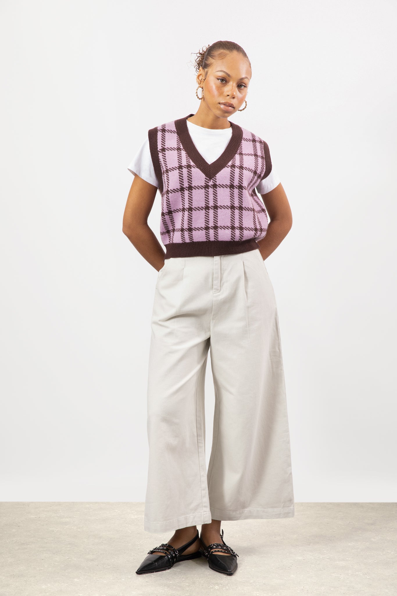 Pink and brown plaid knit vest | Glassworks London