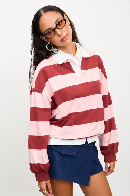 Jumper: Recycled Mix Bold Horizontal Stripe Long Sleeve ILENE   - Dark Red, Pink & Cream - Soya Concept main image 0