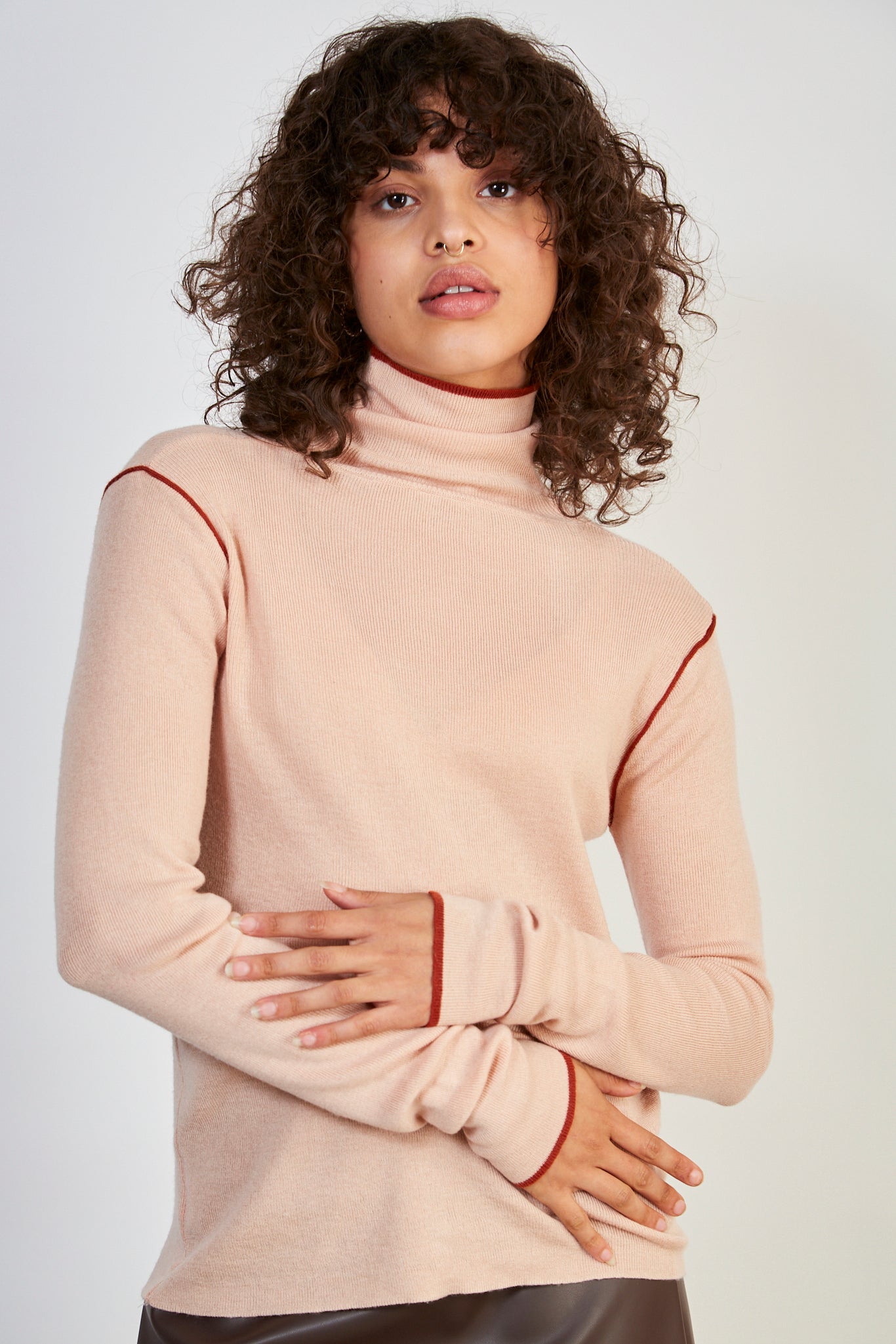 Pink and burgundy trim turtleneck top_1