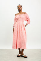 Pink and ivory ditsy floral off shoulder midi dress_1