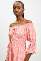 Pink and ivory ditsy floral off shoulder midi dress_3