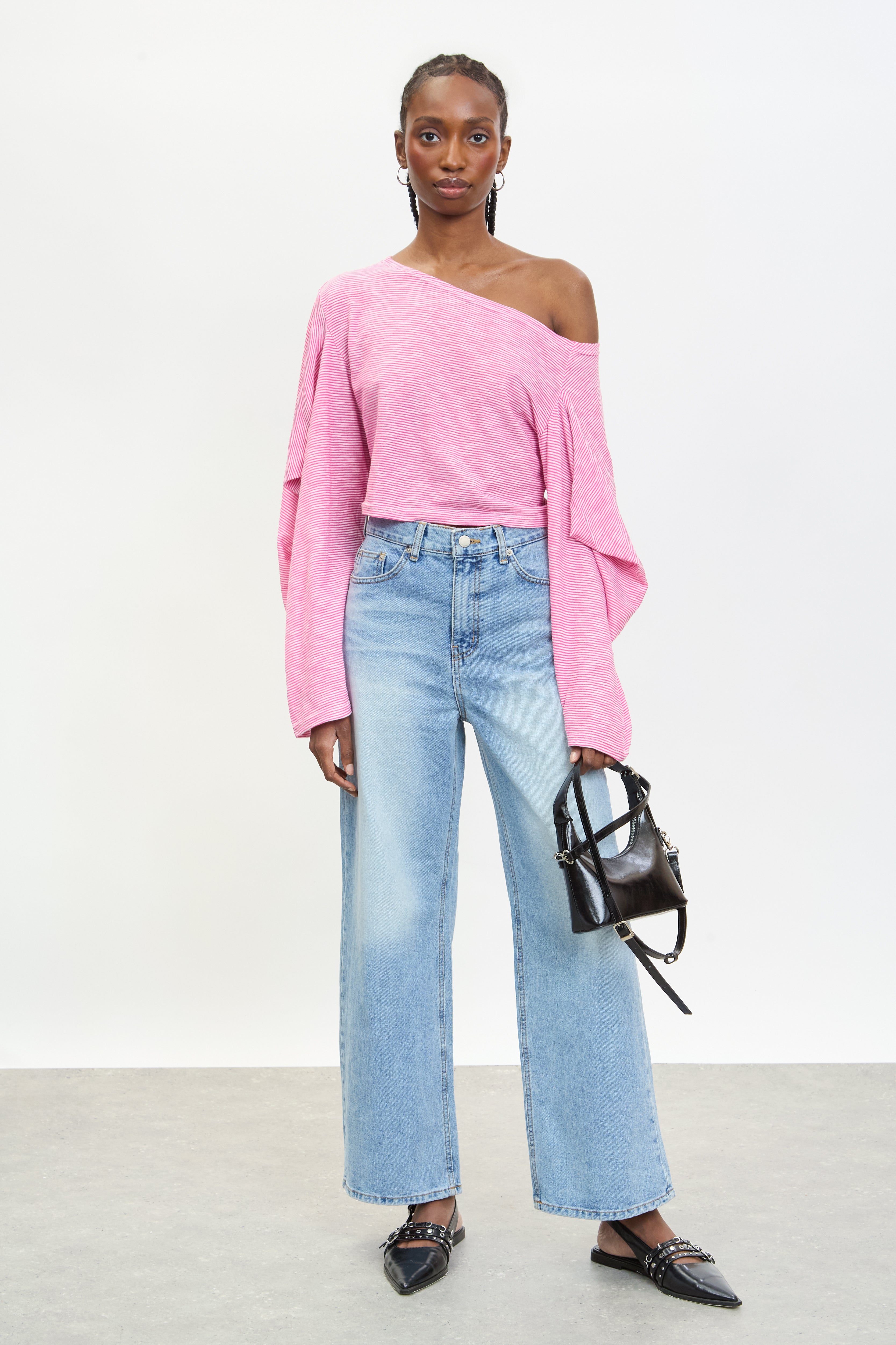 Pink and ivory striped off shoulder slouchy top | Glassworks London