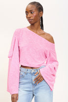 Pink and ivory striped off shoulder slouchy top_1