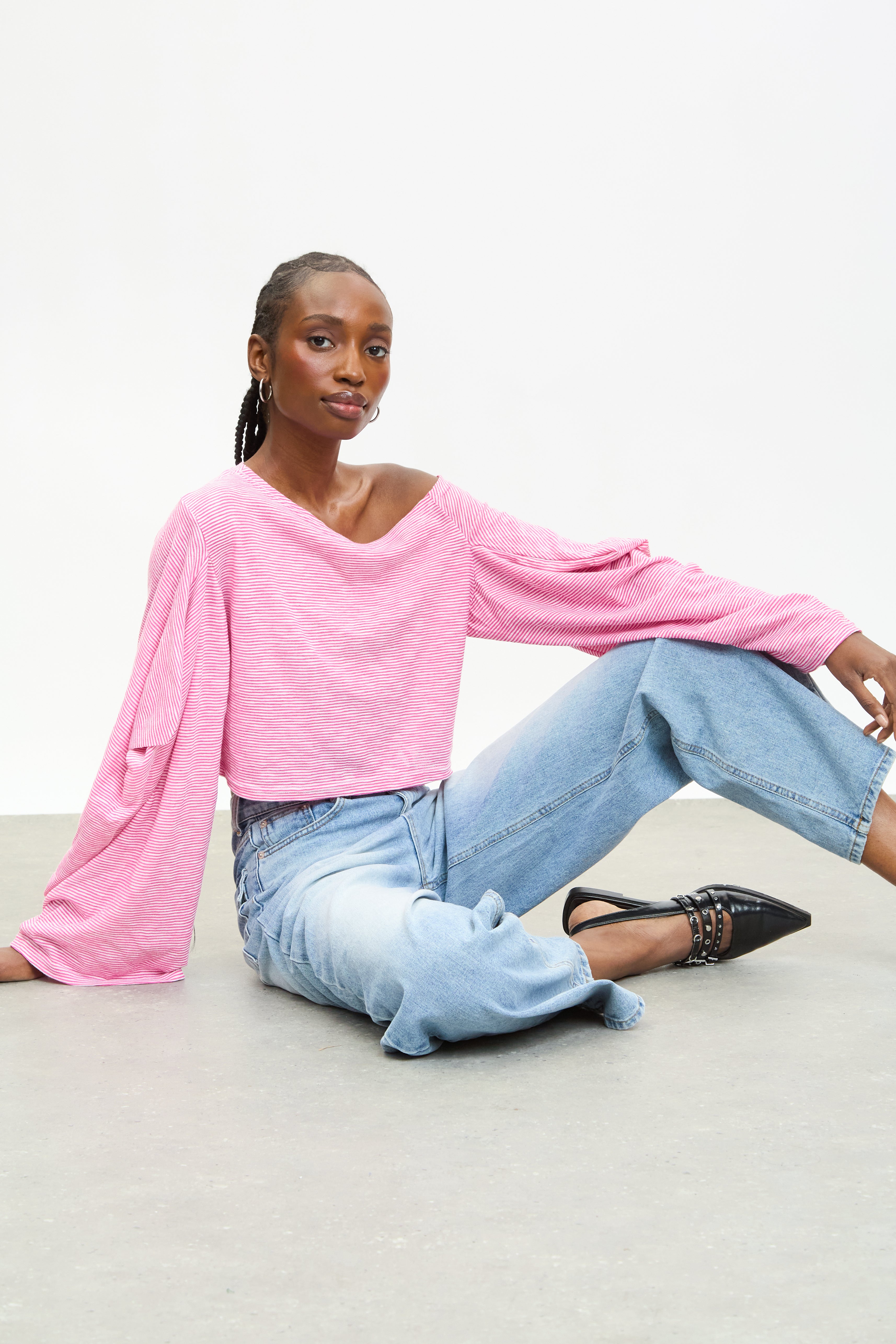 Pink and ivory striped off shoulder slouchy top | Glassworks London
