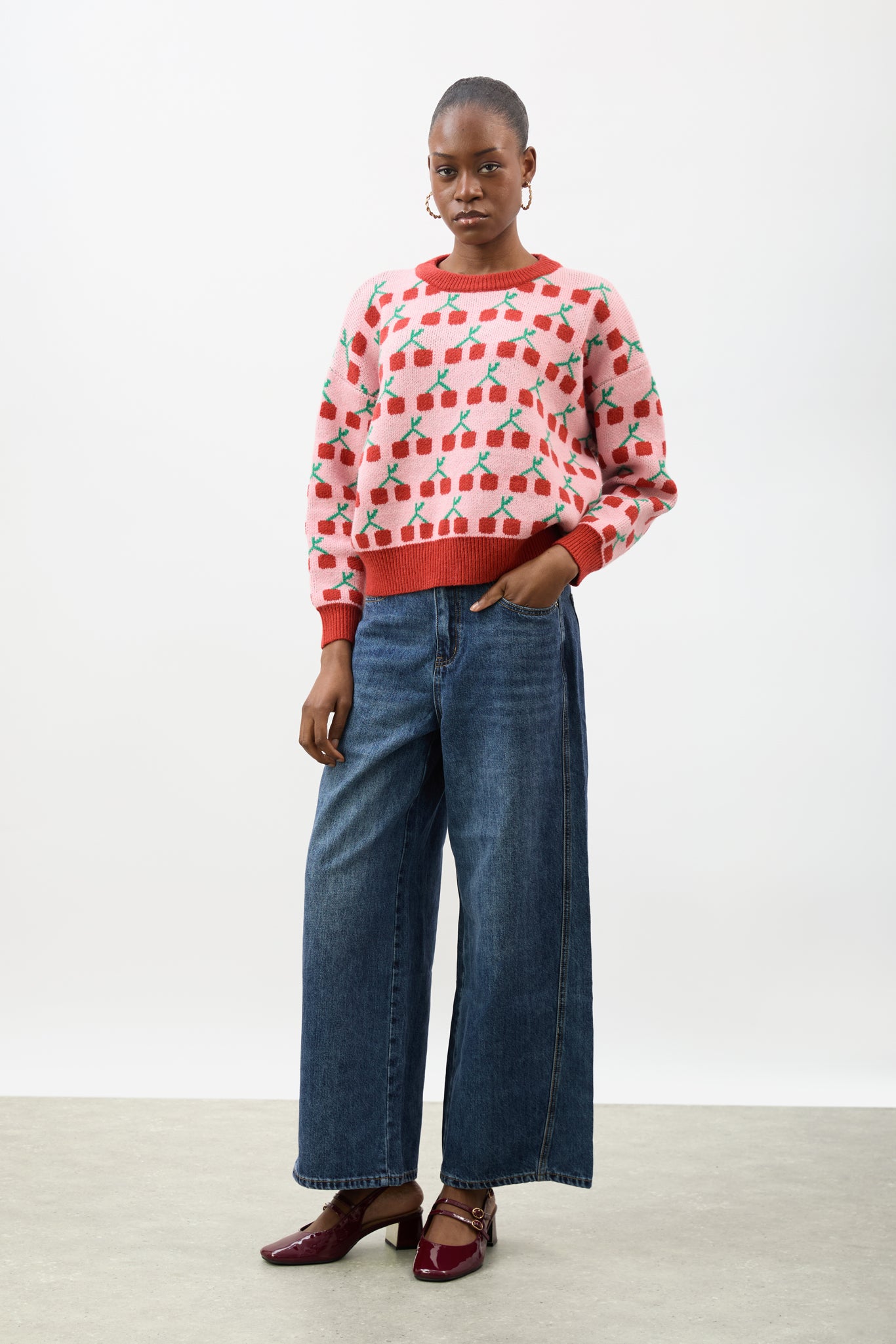 Pink and red intarsia cherries jumper | Glassworks London
