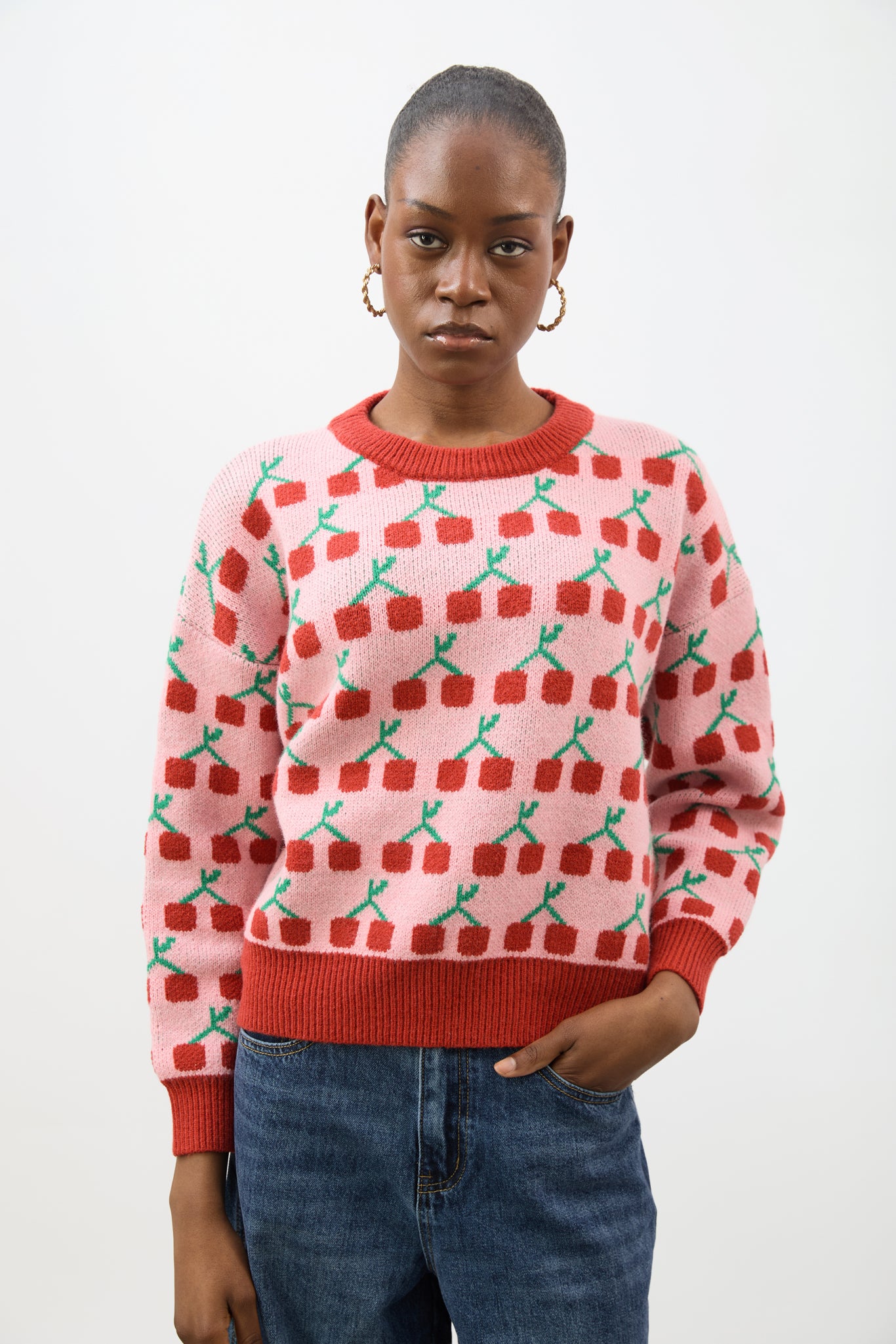 Pink and red intarsia cherries jumper | Glassworks London