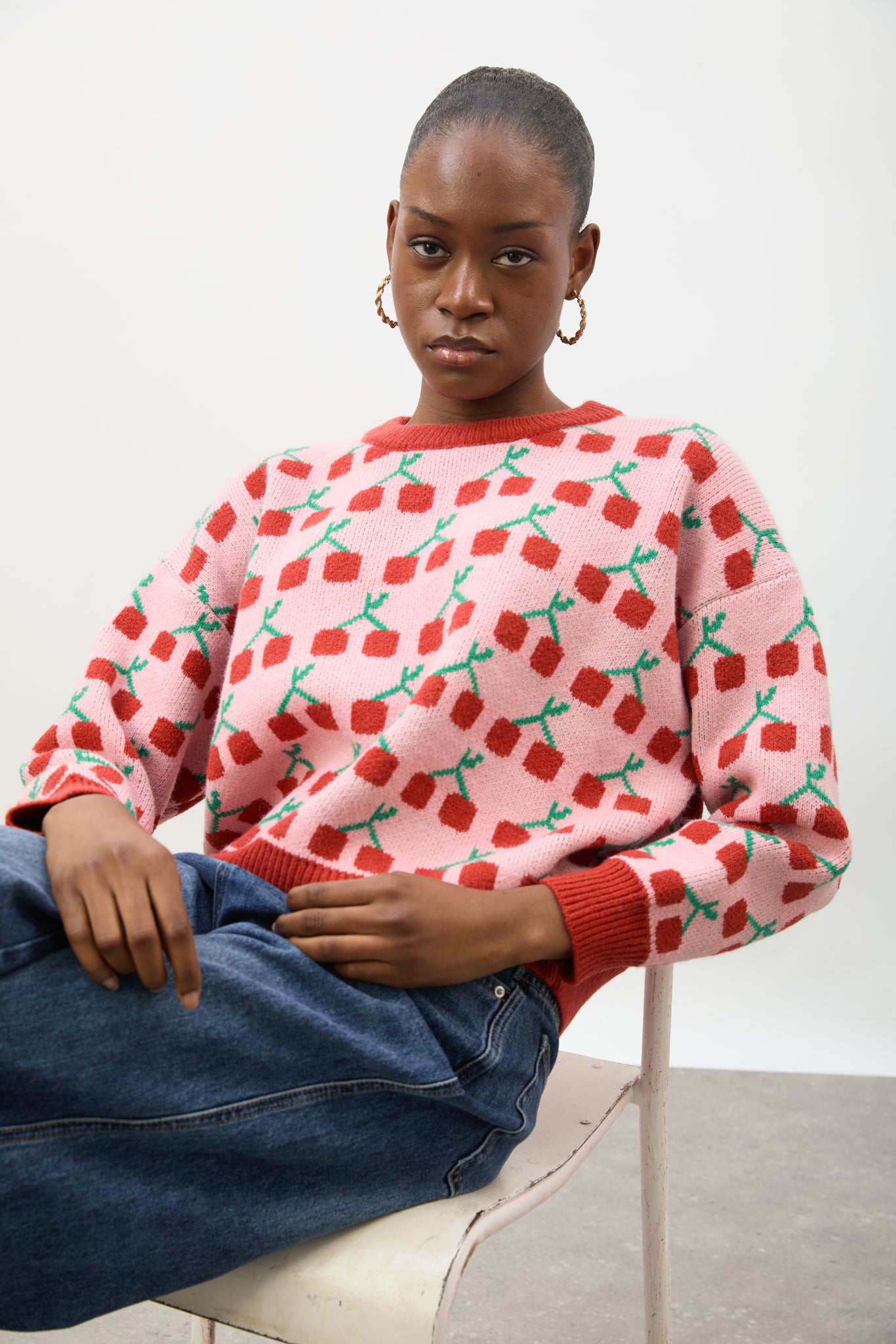 専用Draped Cherry Pattern Mini One-Piece Pink and red intarsia cherries jumper | Glassworks London