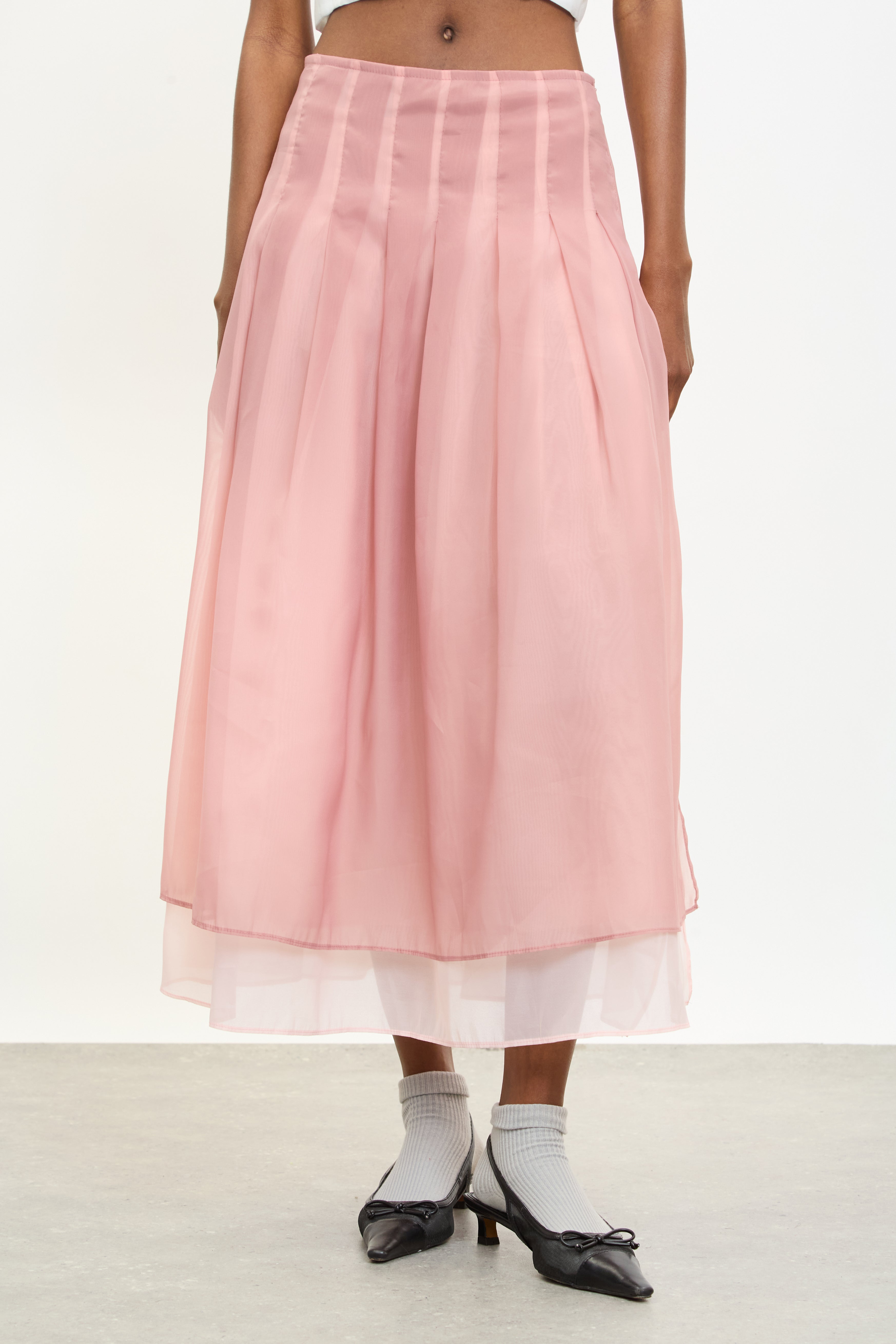 Pink chiffon overlay pleated skirt | Glassworks London
