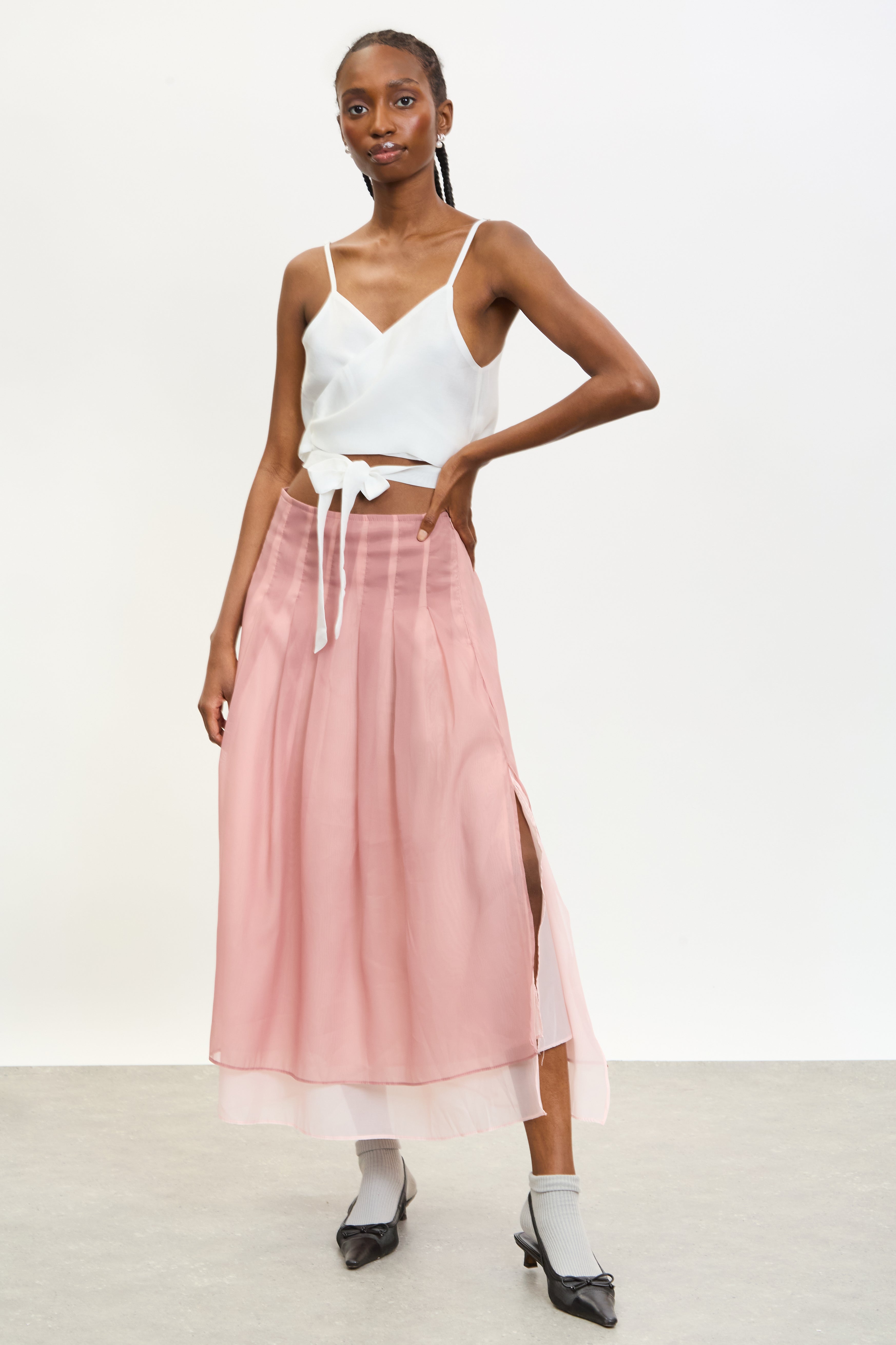 Pink chiffon overlay pleated skirt | Glassworks London