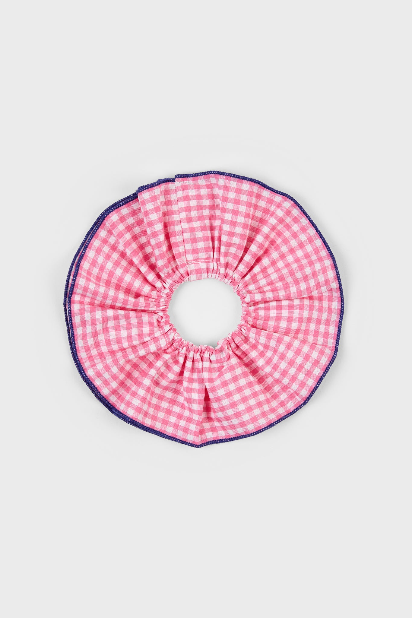 Pink gingham and navy trim scrunchie_1