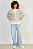 Pink green and beige mixed knit striped cardigan_5
