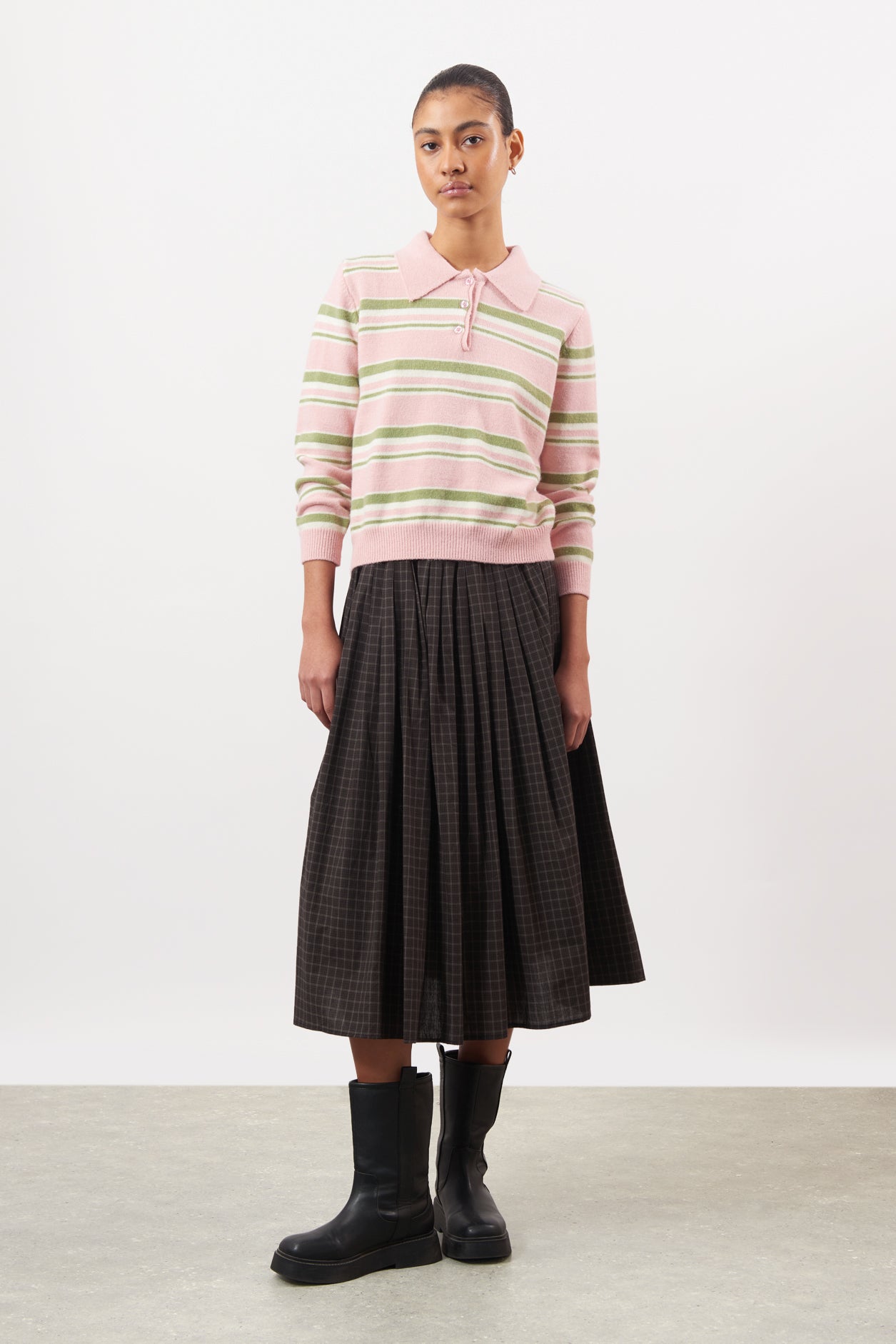 Pink green and ivory striped button up knit polo_4