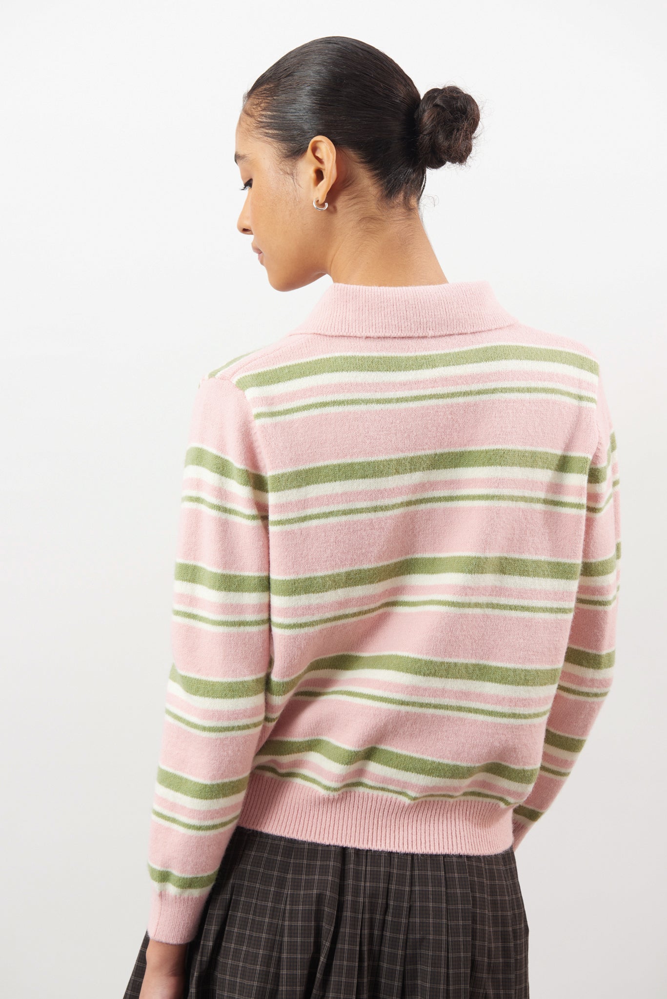Pink green and ivory striped button up knit polo_1