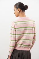 Pink green and ivory striped button up knit polo_1