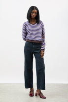 Dark purple and lilac striped fuzzy V neck sweatshirt_4