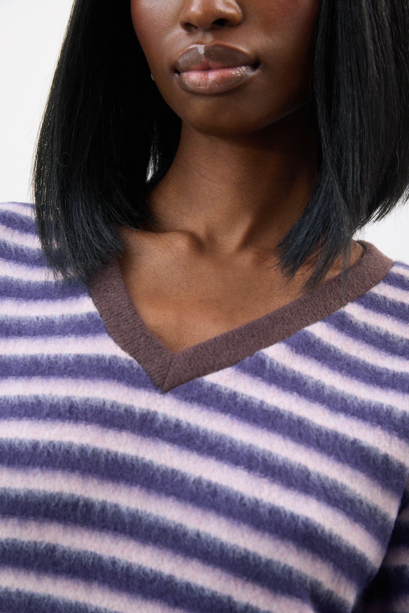 Dark purple and lilac striped fuzzy V neck sweatshirt_3