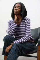 Dark purple and lilac striped fuzzy V neck sweatshirt_5