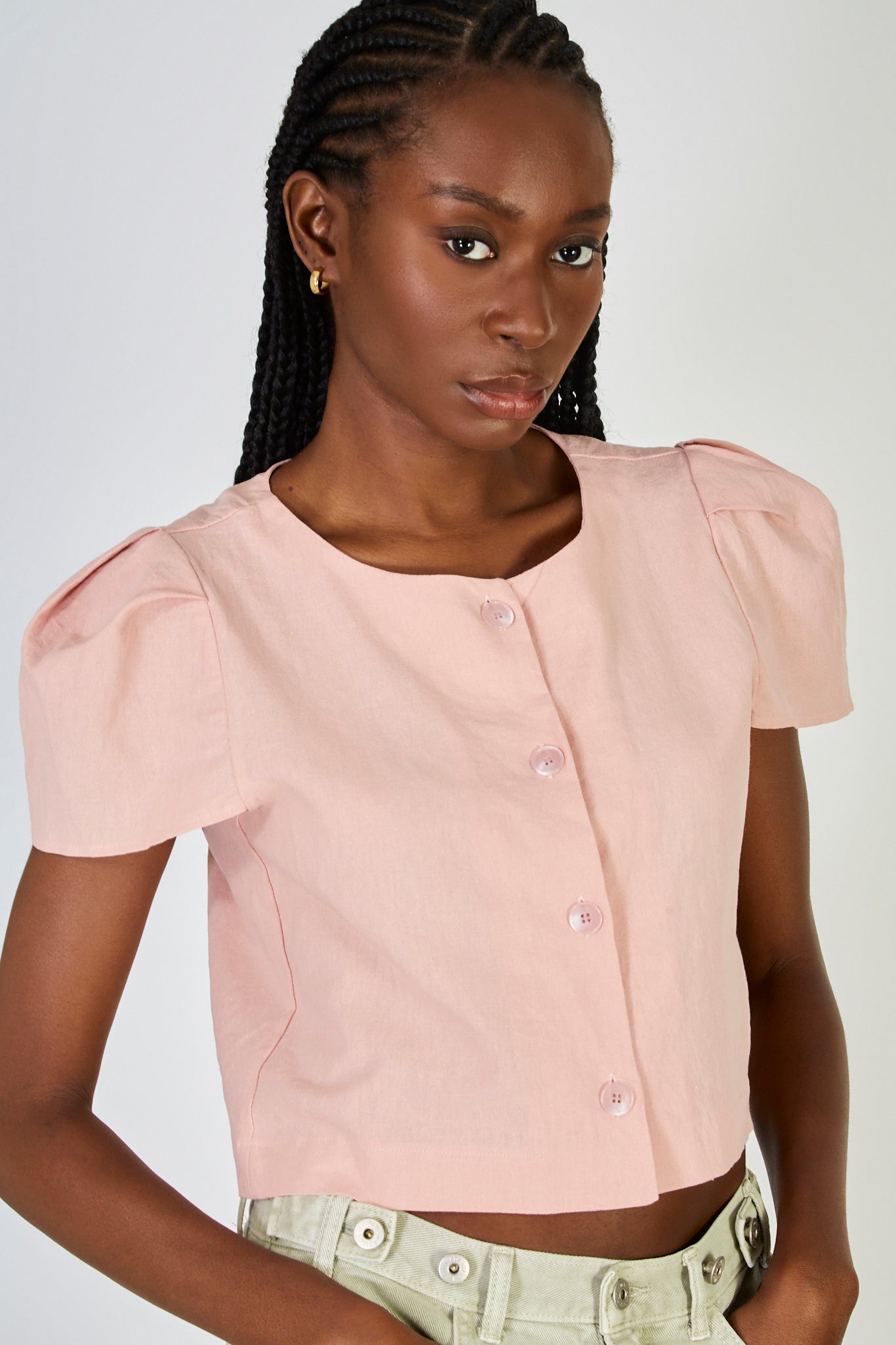 Pink linen blend structured sleeve blouse_1