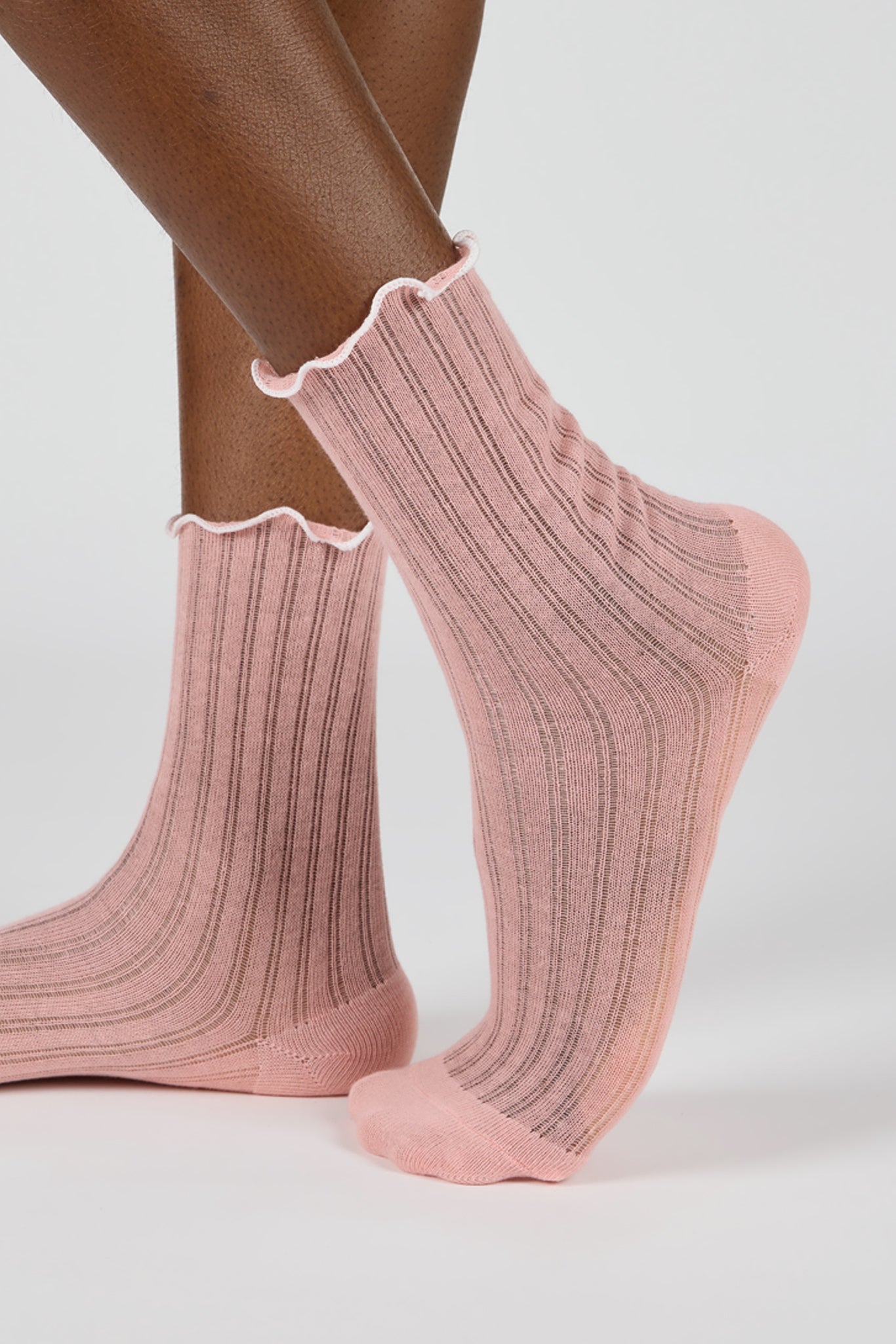 Pink ribbed white ruffle trim socks_2