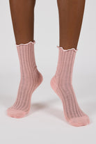 Pink ribbed white ruffle trim socks_1