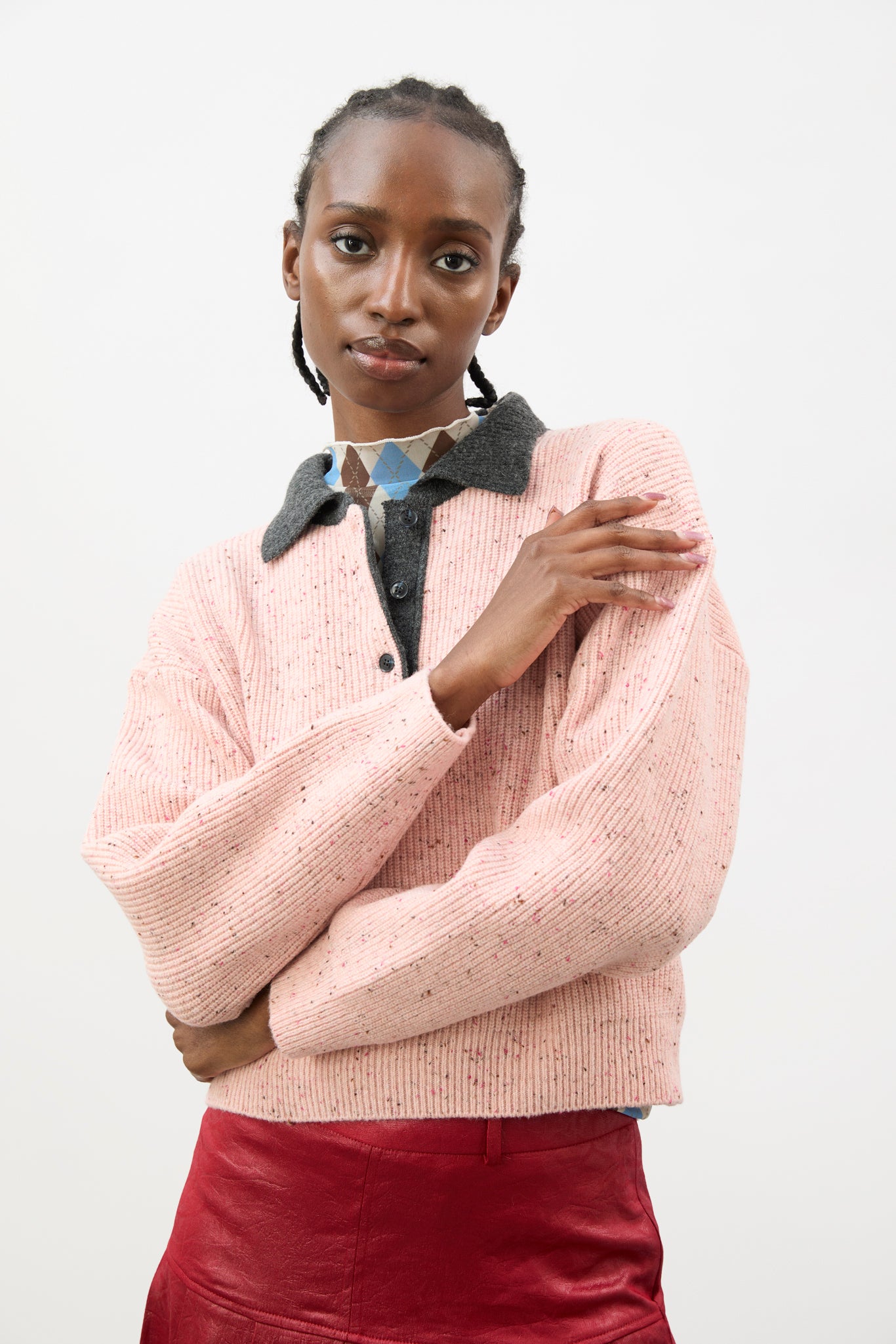 Pink speckled contrast collar knit jumper_1