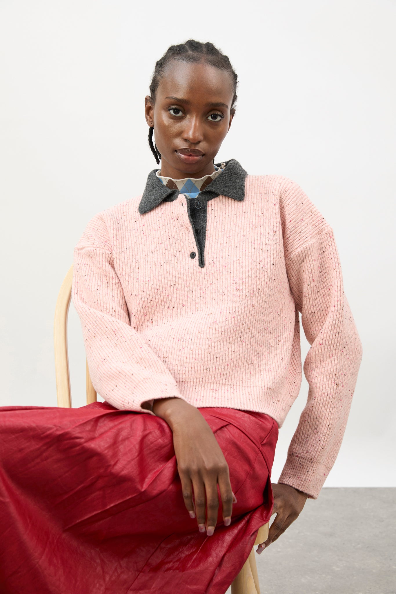 Pink speckled contrast collar knit jumper_5