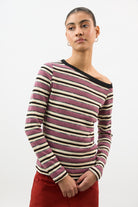 Pink textured stripe one shoulder top_1