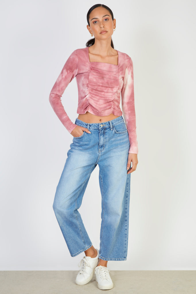 Pink tie dye ruched long sleeve top_4