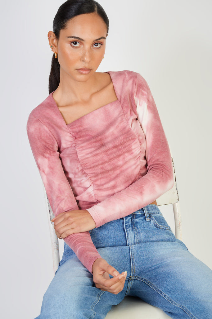 Pink tie dye ruched long sleeve top_5