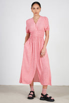 Pink and red floral print smock waist midi dress_1