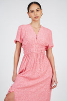 Pink and red floral print smock waist midi dress_3