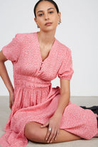 Pink and red floral print smock waist midi dress_5